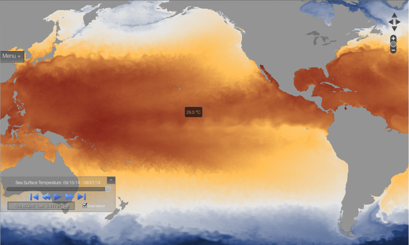 Temperatura superficial del Océano Pacífico. Fuente: NOAA View Data Imagery Portal